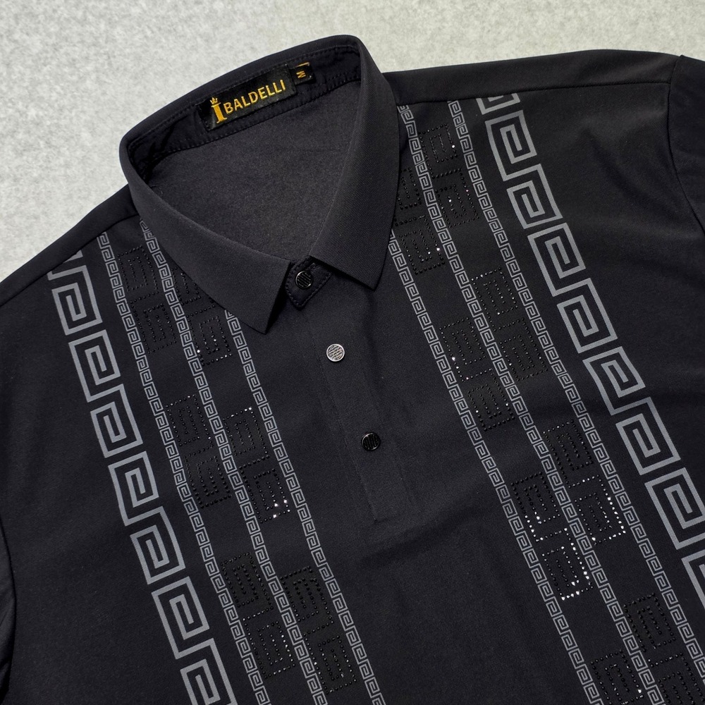 Baldelli Men's Size Medium Black Greek Key Rhinestone Polo Shirt‎ Short Sleeve